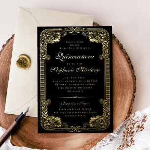 Black and Gold Ornate Frame Spanish Quinceanera Foil Invitation
