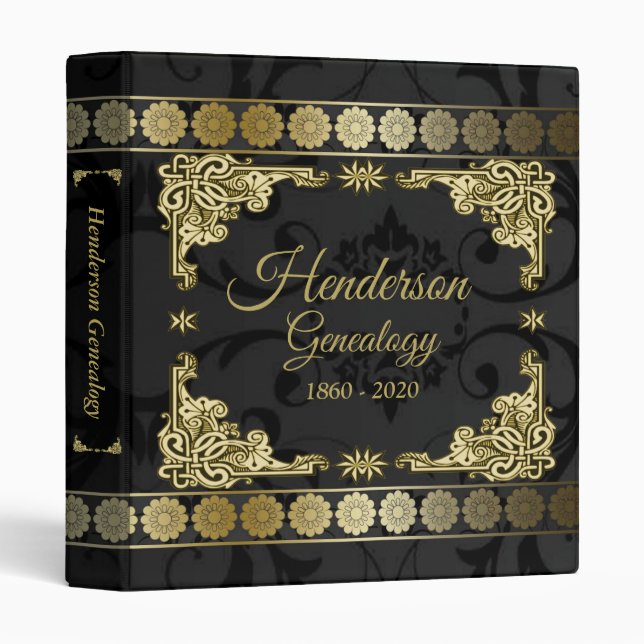 Black And Gold Ornate Genealogy Family Tree 3 Ring Binder (Front/Spine)