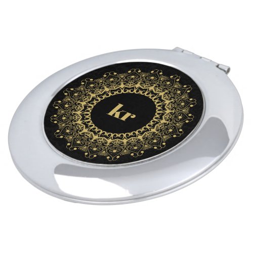 Black and gold ornate mandal pattern compact mirror