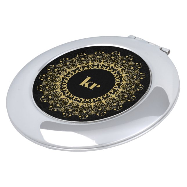 Black and gold ornate mandal pattern compact mirror (Turned)