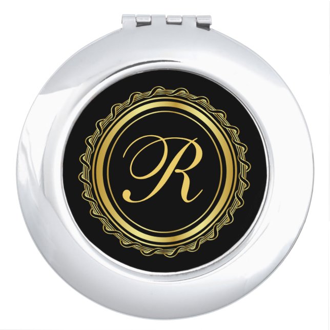 Black and Gold Ornate Monogram Compact Mirror (Front)