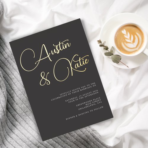 Black and Gold Oversized Script Typography Wedding Foil Invitation