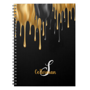 Black and Gold Paint Dripping Monogram Script Name Notebook