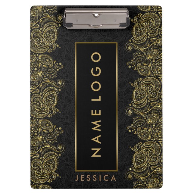 Black And Gold Paisley Lace Clipboard (Front)