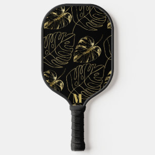 Black and Gold Palm Leaf Pattern Modern Monogram Pickleball Paddle