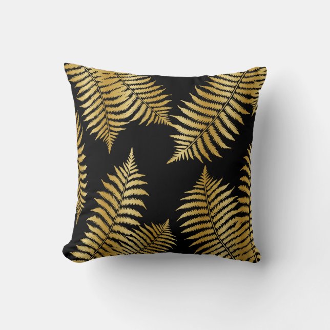 Black and Gold Palm Leaves Throw Pillow (Front)