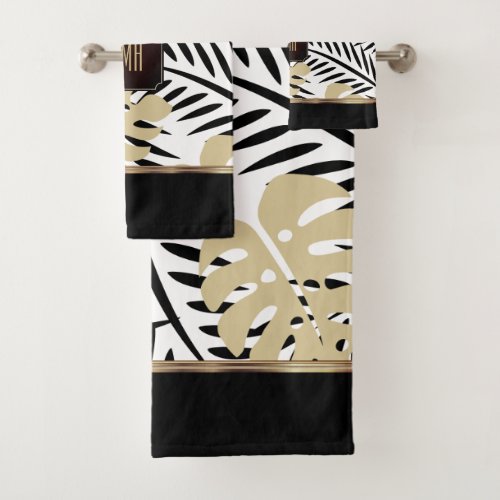 Black and Gold Palm Pattern with Monogram Bath Towel Set