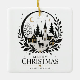 Black and Gold Paper Cut Village Ceramic Ornament