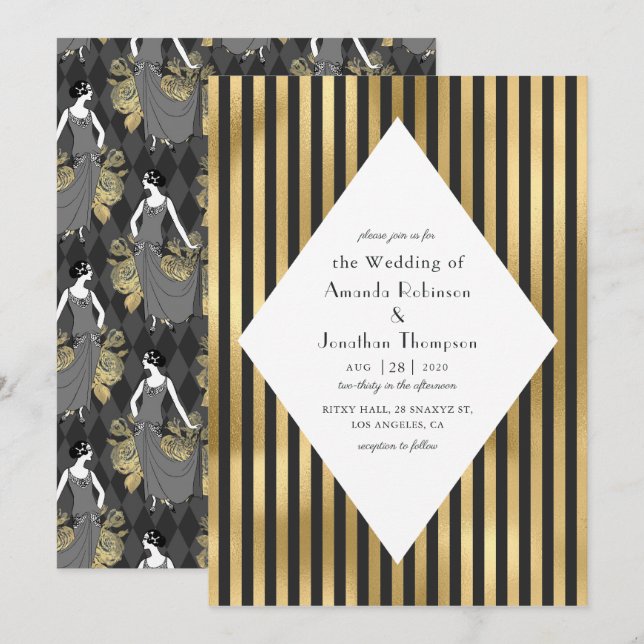 Black and Gold Paris Art Deco Wedding Invitation (Front/Back)