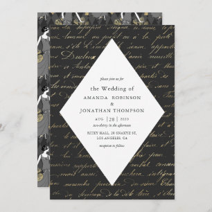 Black and Gold Paris Themed Calligraphy Wedding Invitation