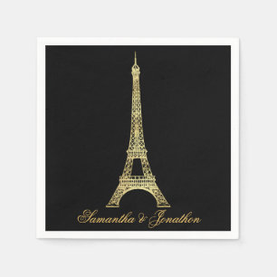 Black and Gold Parisian Eiffel Tower Wedding Napkins