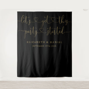 Black And Gold Party Started Heart Script Wedding Tapestry