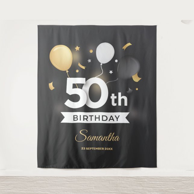 Black and Gold Party Tapestry Backdrop Banner (Front)