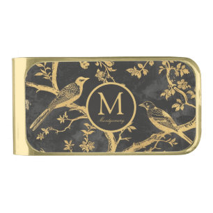 Black and Gold Pattern Monogram Gold Finish Money Clip