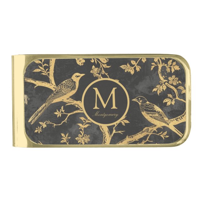 Black and Gold Pattern Monogram Gold Finish Money Clip (Front)
