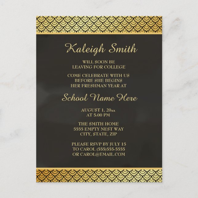 Black and Gold Patterned Trunk Party Invitation Postcard (Front)
