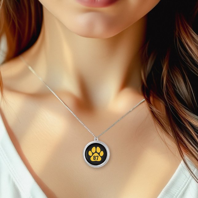 Black and Gold Paw Print Custom Jersey Number Silver Plated Necklace (Creator Uploaded)