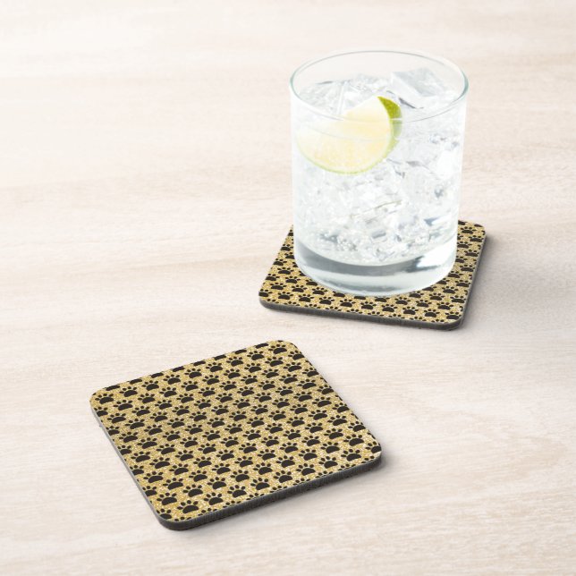  Black and Gold Paws Seamless Pattern  Beverage Coaster (Right Side)