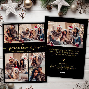 Black and Gold Peace Love and Joy Script 5 Photo Holiday Card