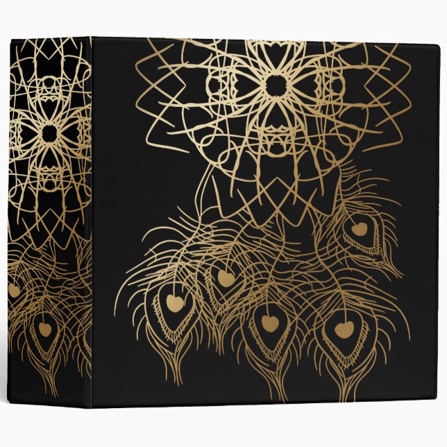 Black and Gold Peacock Feather Dreamcatcher 3 Ring Binder (Front/Spine)