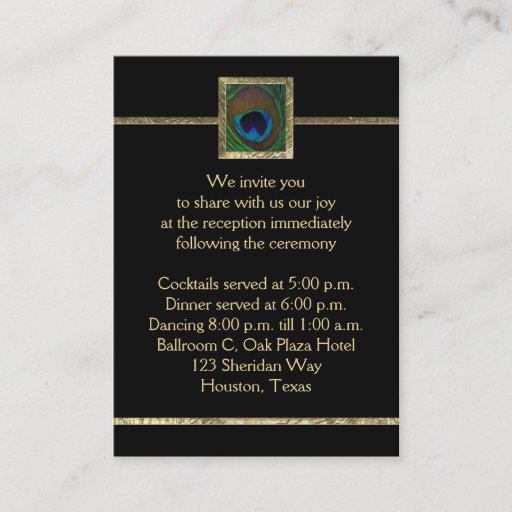Customizable Black and Gold Peacock Feather Enclosure Card Business Card Template