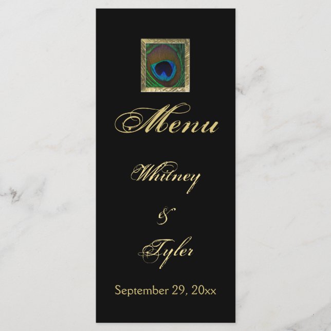 Black and Gold Peacock Feather Menu Card (Front)