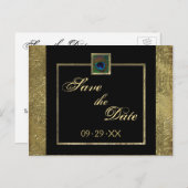 Black and Gold Peacock Feather Save the Date Card (Front/Back)
