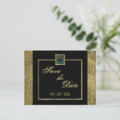 Black and Gold Peacock Feather Save the Date Card (Standing Front)