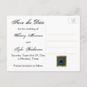 Black and Gold Peacock Feather Save the Date Card (Back)