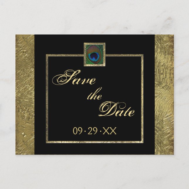 Black and Gold Peacock Feather Save the Date Card (Front)
