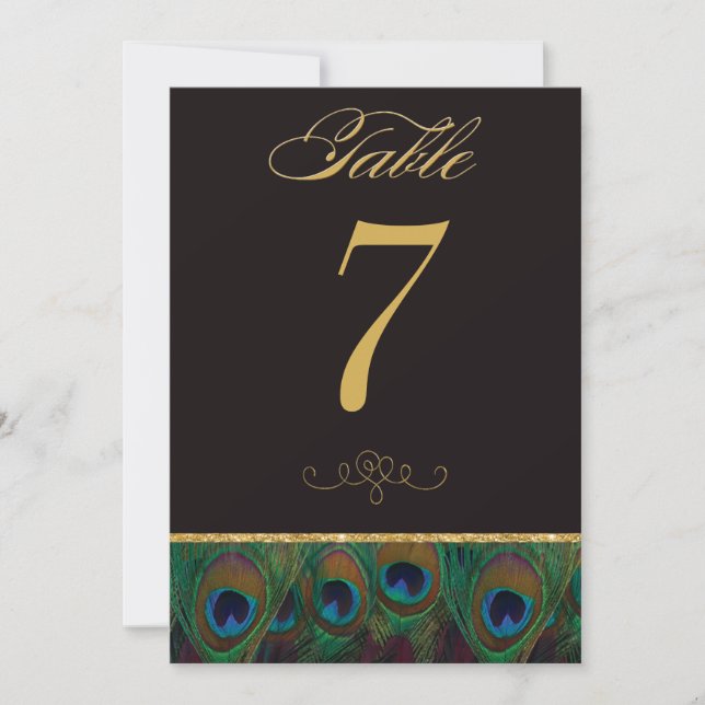 Black and Gold Peacock Feathers Table Number (Front)
