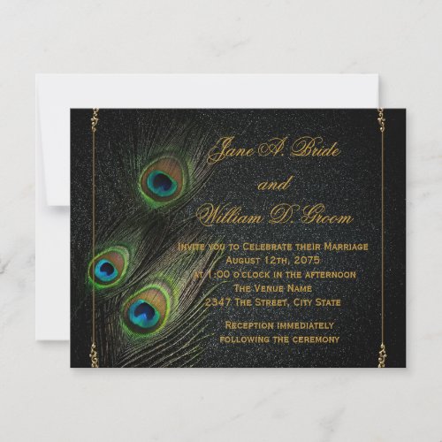 Black and Gold Peacock Wedding Invitation