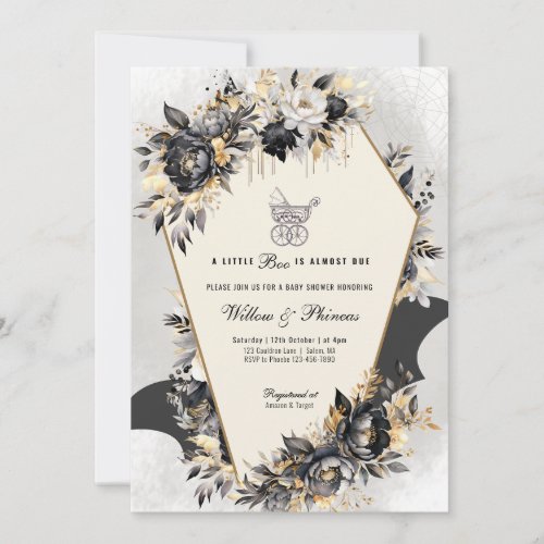 Black and Gold Peonies Halloween Baby Shower Invitation