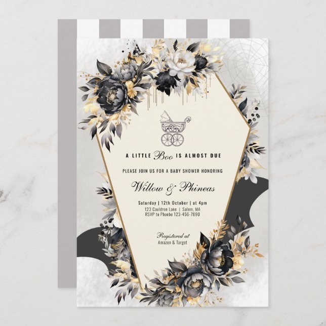 Black and Gold Peonies Halloween Baby Shower Invitation (Front/Back)
