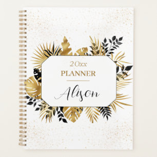Black And Gold Personalized Floral Glitter Planner