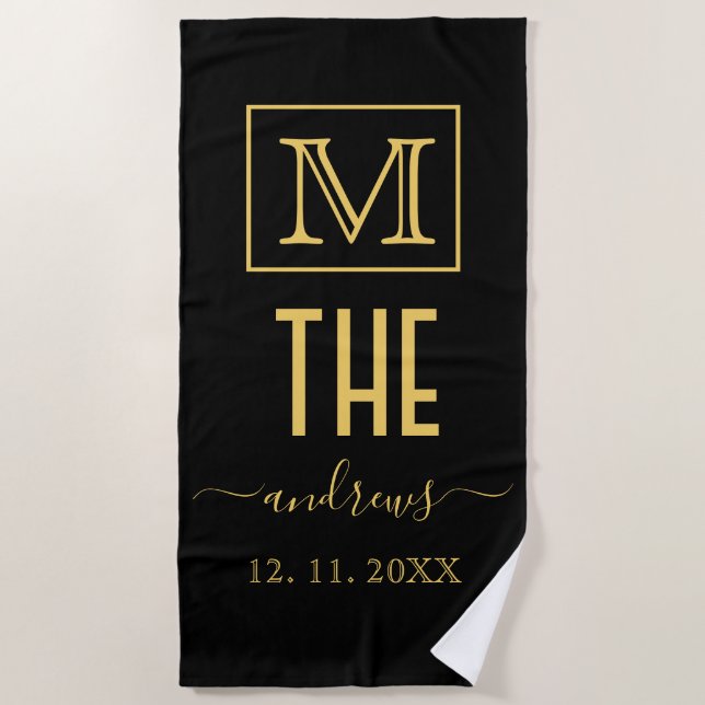 Black and Gold Personalized Monogram and Name Beach Towel (Front)