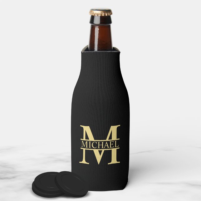 Black and Gold Personalized Monogram and Name Bottle Cooler (Creator Uploaded)