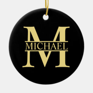 Black and Gold Personalized Monogram and Name Ceramic Ornament
