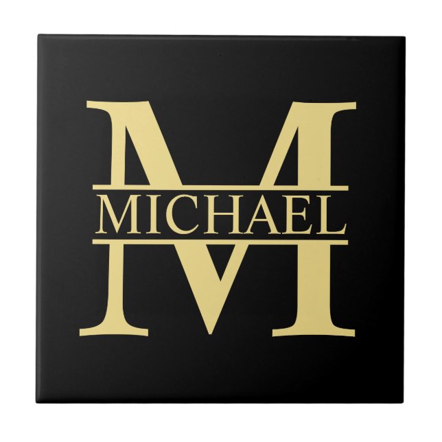 Black and Gold Personalized Monogram and Name Ceramic Tile (Front)