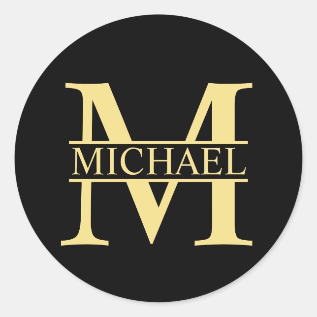 Black and Gold Personalized Monogram and Name Classic Round Sticker (Front)
