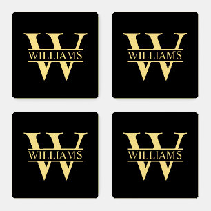 Black and Gold Personalized Monogram and Name Coaster Set