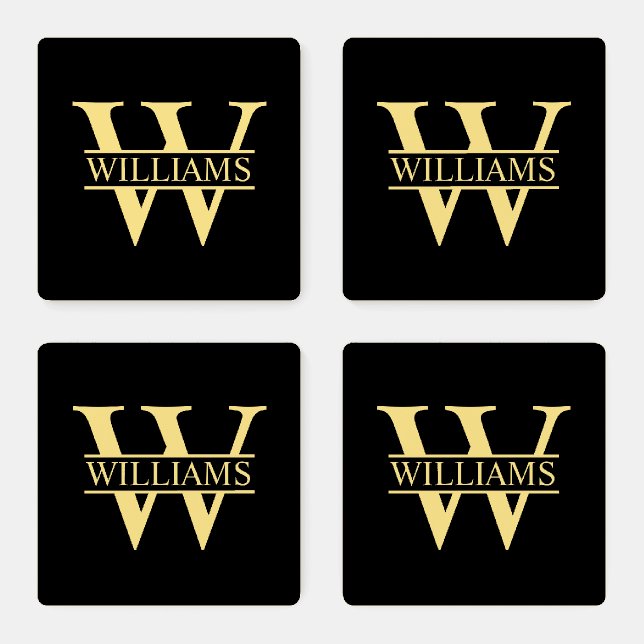 Black and Gold Personalized Monogram and Name Coaster Set (Set)