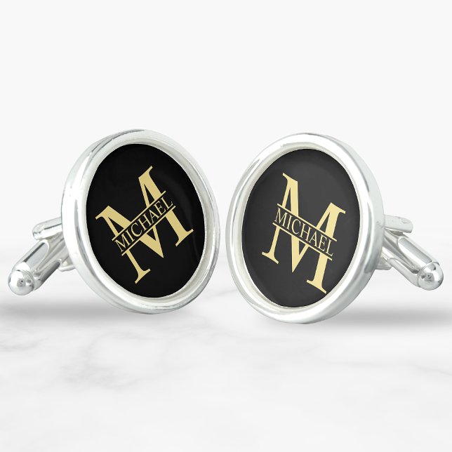 Black and Gold Personalized Monogram and Name Cufflinks (Creator Uploaded)