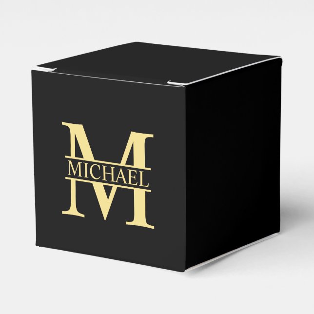 Black and Gold Personalized Monogram and Name Favor Boxes (Front Side)