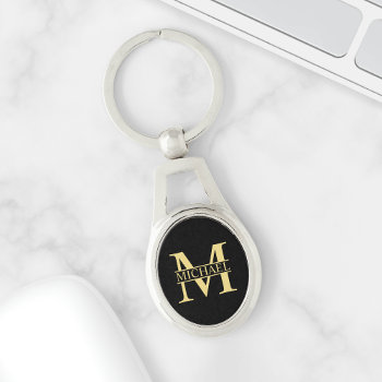 Black And Gold Personalized Monogram And Name Keychain by manadesignco at Zazzle