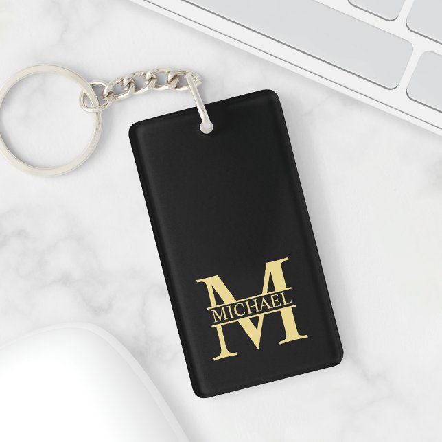 Black and Gold Personalized Monogram and Name Keychain (Creator Uploaded)