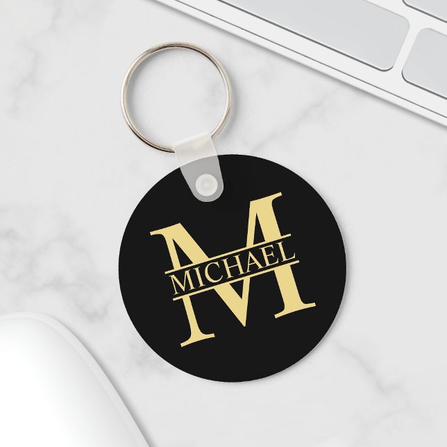 Black and Gold Personalized Monogram and Name Keychain (Creator Uploaded)