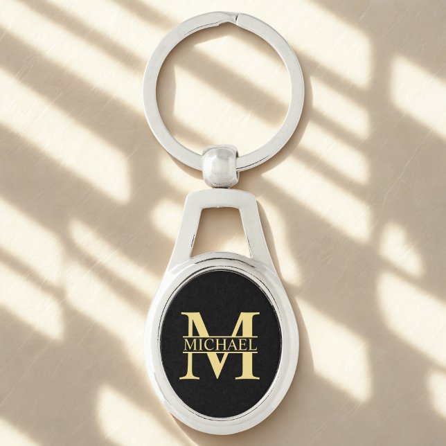 Black and Gold Personalized Monogram and Name Keychain (Creator Uploaded)