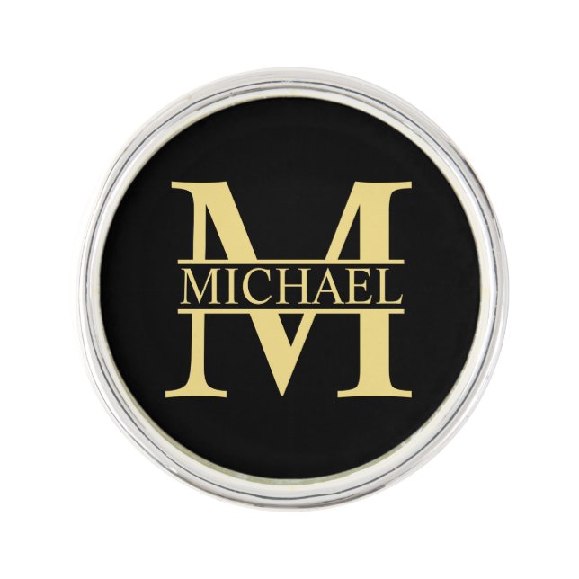 Black and Gold Personalized Monogram and Name Lapel Pin (Front)