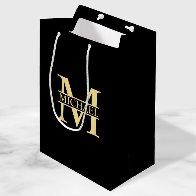 Black and Gold Personalized Monogram and Name Medium Gift Bag (Creator Uploaded)
